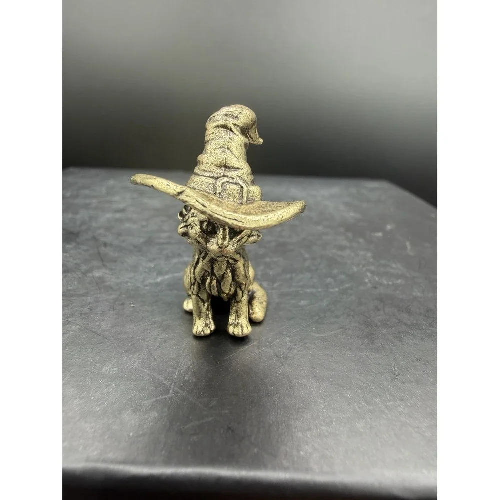 🐈⬛🎩 Mini Brass Cat With Witches Hat Figurine Halloween Collectible ✨🐾